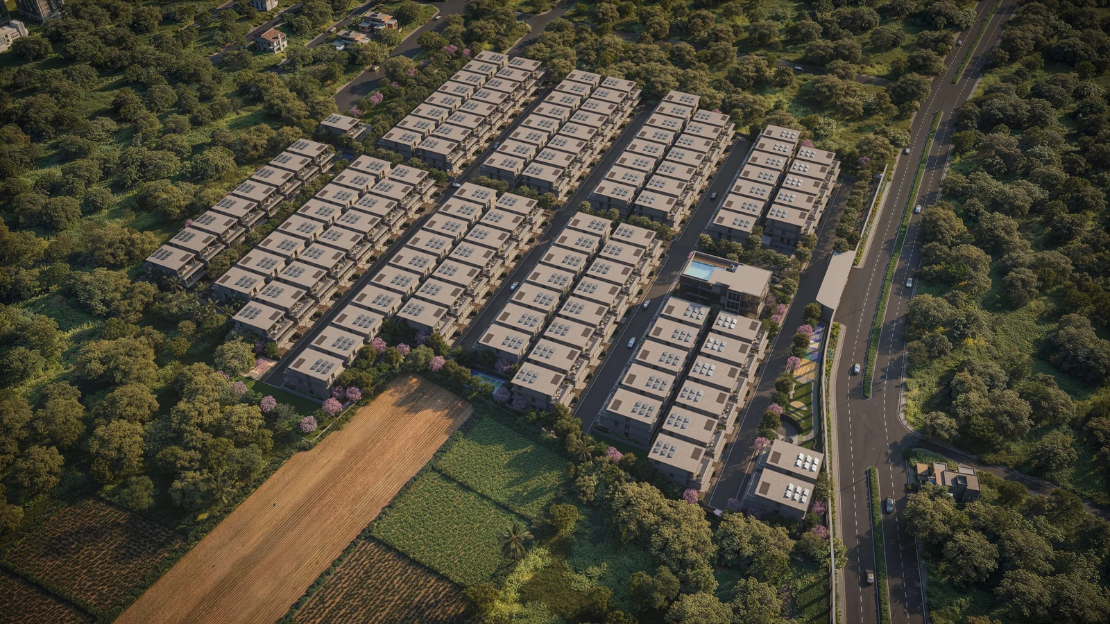 Aerial view of the Casagrand Vybe villa community in daylight, showing rows of villas, internal streets and the clubhouse, artist impression