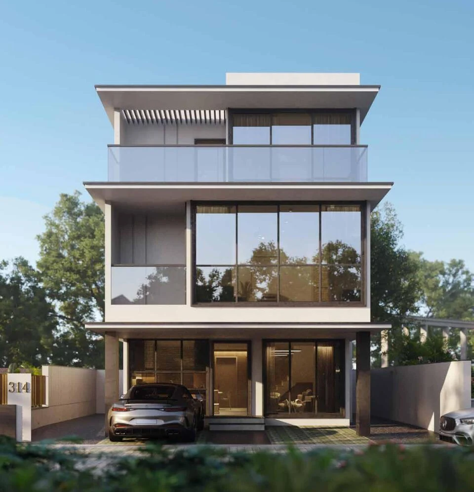 Casagrand Vybe 5 BHK villa front elevation over three floors, with covered parking, developer artist impression