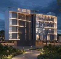 Clubhouse exterior at dusk, artist impression