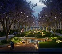 Tree-lined internal avenue lit at night, artist impression