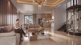 Villa dining room with pendant lighting, artist impression